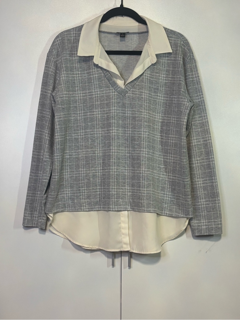 Ann Taylor Gray Plaid Layered V‑Neck Top with Cream Shirt Detail
